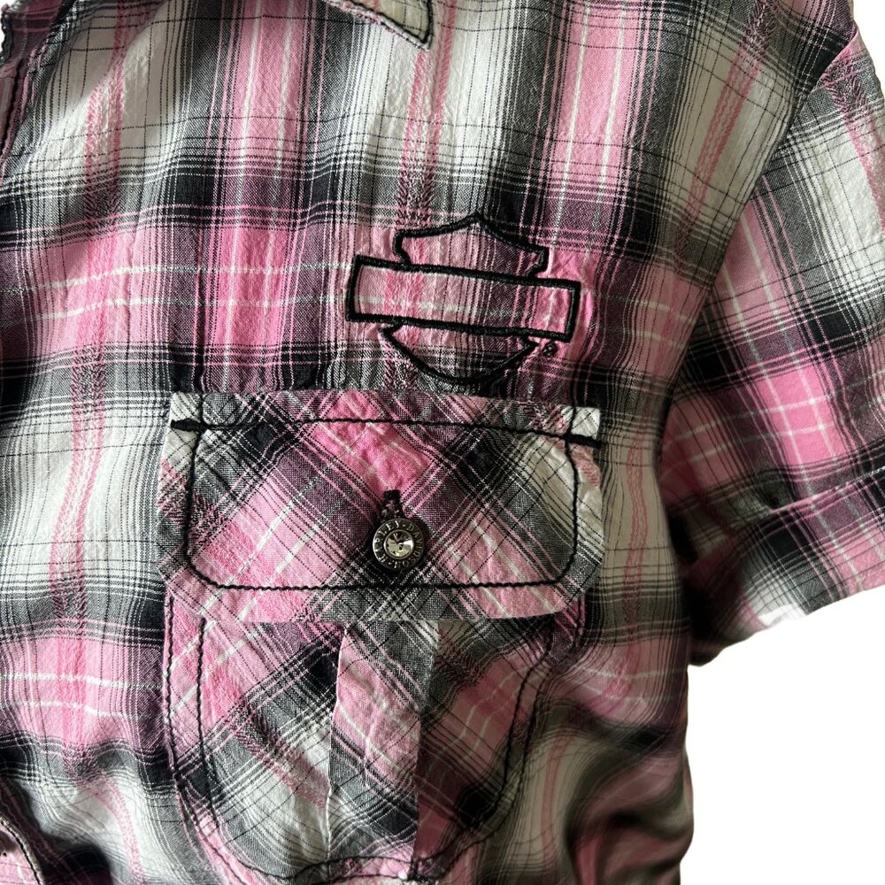 HARLEY DAVIDSON Women's Large Button Down Tab Sleeve Pink Plaid Shirt - Picture 2 of 9